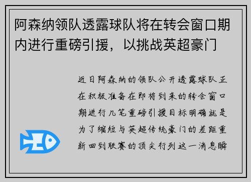 阿森纳领队透露球队将在转会窗口期内进行重磅引援，以挑战英超豪门
