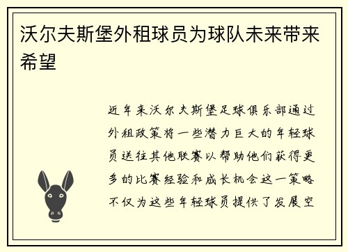 沃尔夫斯堡外租球员为球队未来带来希望